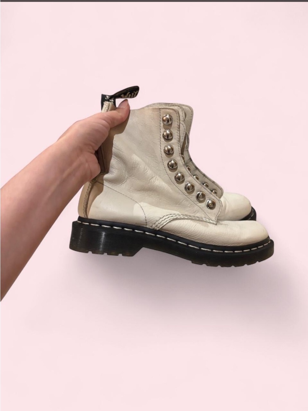 Dr. Martens White Leather Lace-Up Combat Boots with Black Lug Sole